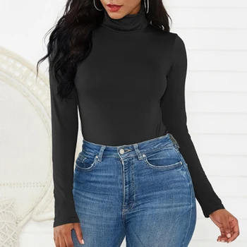 

2020 New Women Bodysuit Stretch High Collar Pure Color Fitness Long Sleeve Body Tops New Shirt Jumpsuit