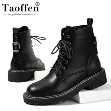 Taoffen/женские ботильоны; офисная уличная женская обувь; обувь на плоской подошве с круглым носком и шнуровкой; черная кожаная нейтральная обувь на платформе; Размеры 35-39