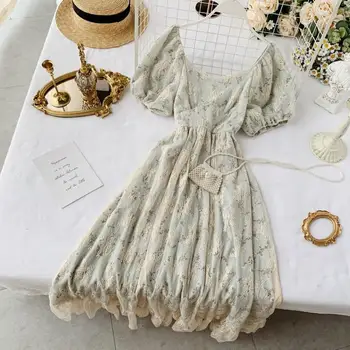 

Runway Designer 2020 Women Print Lace Dress Casual Square Collar Short Sleeve Summer Beach Vacation Midi Dress For Female New