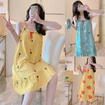 

Women Sleeveless Loose Nightdress Ruffles Ribbon Bowknot Nightgown Cute Strawberry Print Padded Sleep Skirt Loungewear