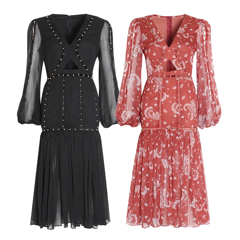 

OMIKRON 2019 Autumn Elegant Chiffon Hollow Pleated Dress Women New Fashion Long Puff Sleeve V Nech A-line Luxury Maxi Dresses