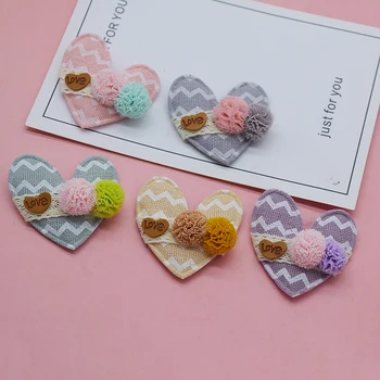 

10pcs/lot 5*4.5cm stripe pompom heart Patches Appliques for Craft Clothes Sewing Supplies DIY Hair Clip Accessories