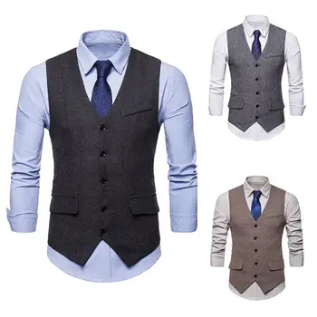 

Men Sleeveless V Neck Single-breasted Herringbone Gilet Business Suit Waistcoat Gentleman style suit jacket