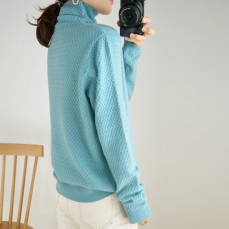 

2019 New Autumn Winter cashmere sweater Multi-stripe women pullover sweater High collar solid color pullover sweater