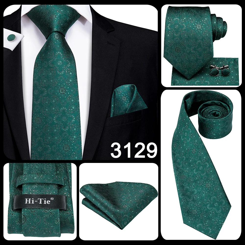 Hi-Tie Teal Green Solid Paisley Silk Wedding Tie For Men Fashion Design Quality Hanky Cufflink Men Gift Necktie Set Dropshipping