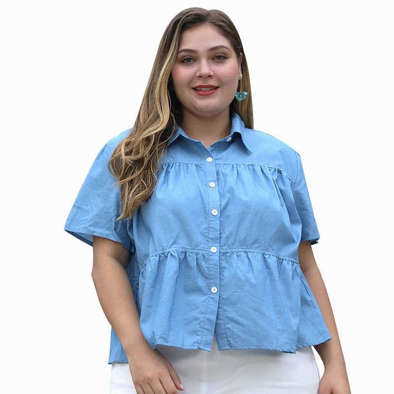 

WHZHM Casual Denim Plus Size 3XL 4XL Shirt Women Tops Tees Loose Big Size Turn-down Collar Short Sleeve Blue Ladies tshirt