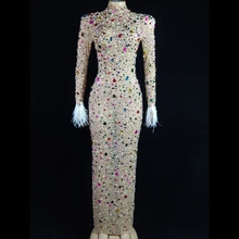 Fashion Multicolor Crystal Pearl Mesh Long Dress Prom Evening Sexy Transparent Rhinestones Birthday Dress Feather Sleeve Costume