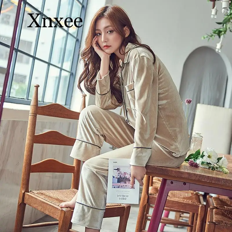 Oversized Sexy Couple Gift Girlfriend high quality 2020 new Autumn Winter Warm Pajama Set Women  Deep Gold Velvet Homewear