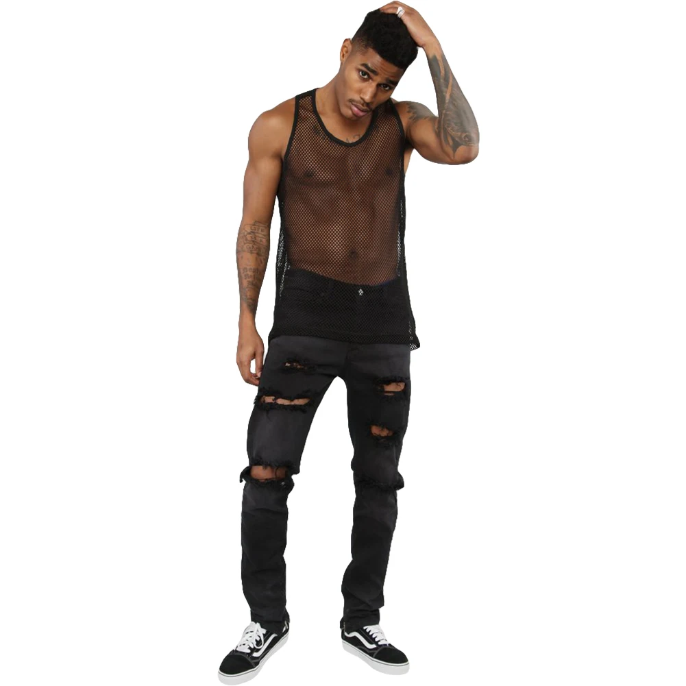 

Summer Mens Sexy Muscle Mesh See-through Fishnet Sheer T-Shirts Sleeveless Nightclub Sheer Top Vest Costume Tops