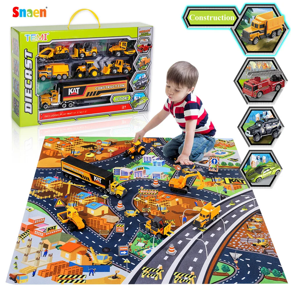 

Diecast Engineering Construction Vehicle Toy Set w/ Play Mat Truck Carrier Forklift Bulldozer Road Roller Excavator Dump Truck