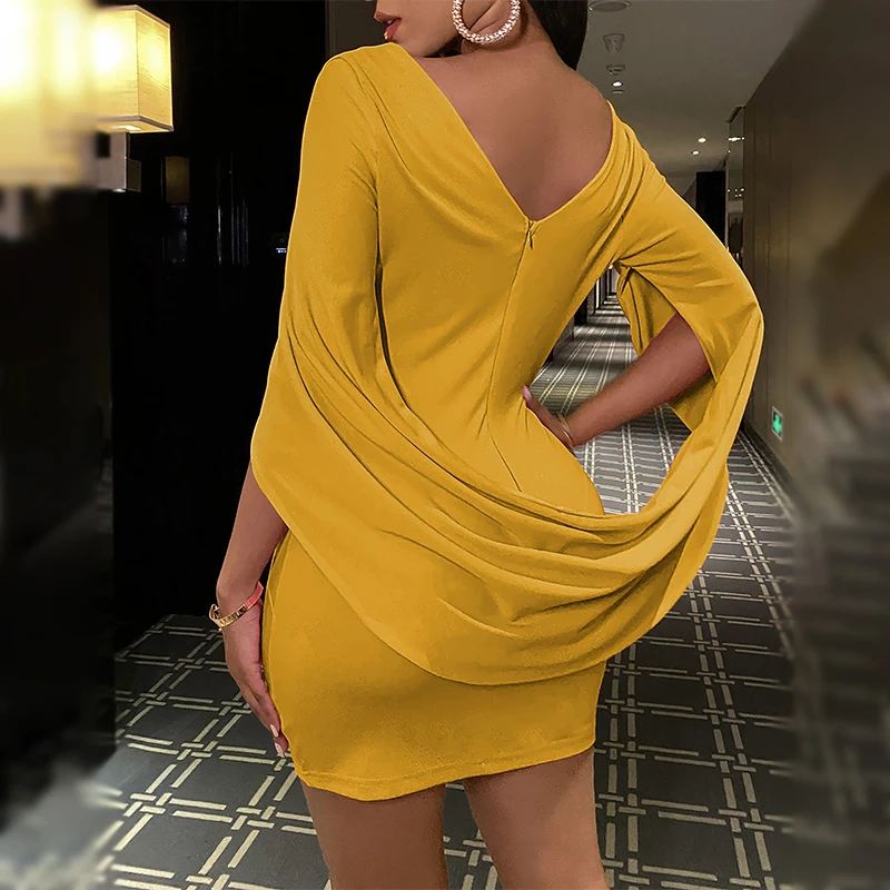 Vestido corto de manga larga ajustado para mujer, minivestido de fiesta, color  amarillo y negro, elegante, 2021|Vestidos| - AliExpress