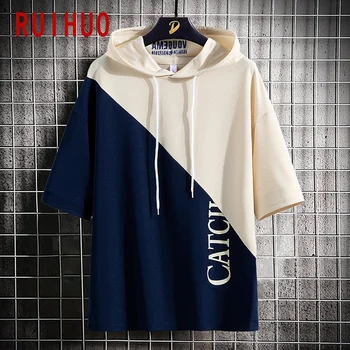 

RUIHUO 2020 New Patchwork Pullover Hoodies Men Streetwear Hip Hop Hoodie Sweatshirt Men Half Sleeve Hooded Sweatshirts Top M-3XL