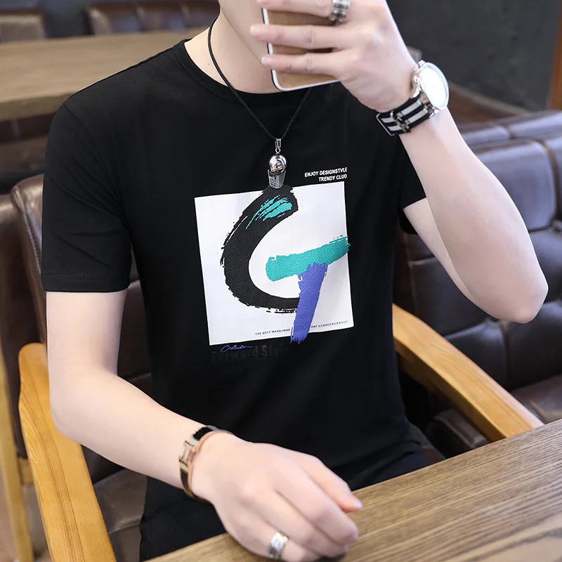 

MEN'S WEAR 2019 Spring And Summer New Style 95 Cotton 5 Urethane Elastic Fibre T-shirt Ice Porcelain Cotton Large Size Lettered