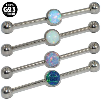 

1PC G23 Titanium Straight Barbell Ring WIth Center Opal Stone Flat Back Industrial Earrings Ear Tragus Body Jewelry Piercing