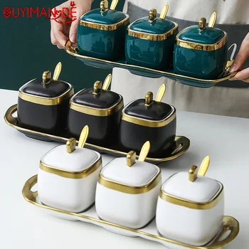 

Fashionable Light Luxury Nordic Seasoning Jar with Spoon Ceramic Three-piece Seasoning Bottle Kitchen Ceramic Supplies