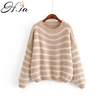 

H.SA 2019 Knit Pullover Sweaters Oneck Casual Striped Pull Jumpers Lantern Sleeve Grey Winter Warm Thick Korean Sweaters Mujer