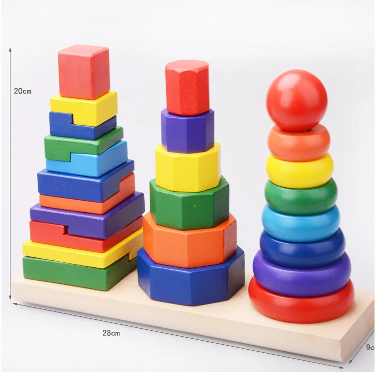 

Wood Three-Column Case Geometric Shaped Sets of Columns Building Blocks Infants Children Early Learning Toy Rainbow Tower 0-Year