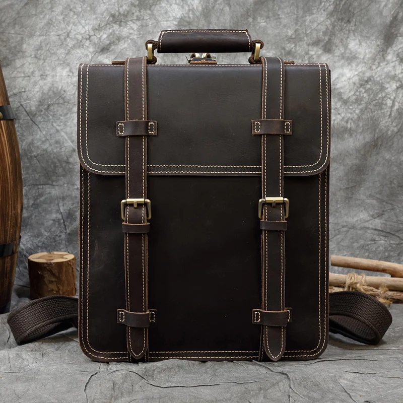 

Luufan Men Genuine Leather Backpack Three Layer School Bag Dark Brown Retro Crazy Horse Leather Rucksack Durable Handbag