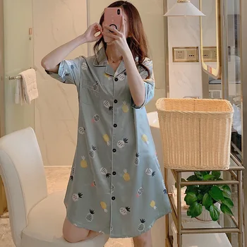 

Shirt Pajamas Women's Summer Short Sleeve Pure Cotton Loose-Fit Sexy White Large Size Sexy Nightgown Cardigan Shirt-Outer Wear