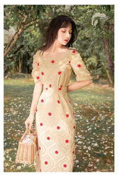 

2020 New Vintage Women Daisy Floral Printed Midi Dress Chic Puff Sleeve Elegant Lady Bodycon Robe Jupe Soft Temperament Dress