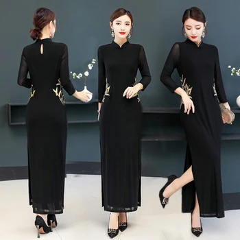 

Stand Collar Chinese Style Retro Embroidery Patchwork Mesh Dress Long Sleeve Vintage Floral Women Long Office Dresses 4xl