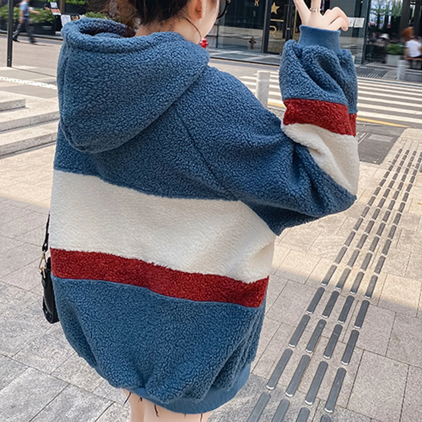 Plus Size Autumn Winter Hoodies Women Casual Striped Long Sleeve Sweatshirt Long Sleeve Fluffy Hoodies Fleece Pullover##g 2
