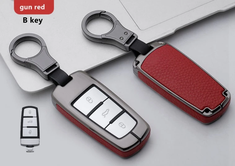 B key gun red Высококачественный автомобильный кожаный и металлический чехол для ключей, брелок для Volkswagen Tiguan MK2 CC Passat B8 для Skoda A7 Octavia Superb - Название цвета: B key gun red