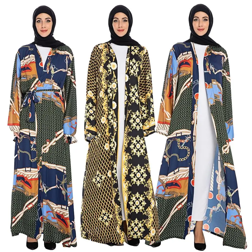Дубай печати открытый Абая, для мусульман женщин кимоно Jilbab исламское Макси платье кардиган Винтаж этнические длинный рукав халат поклонение службы