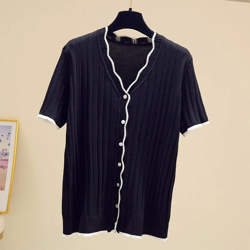 

COIGARSAM 4XL Plus Size Knitting Shirt Womens tops New Spring Summer Women shirts Black 154