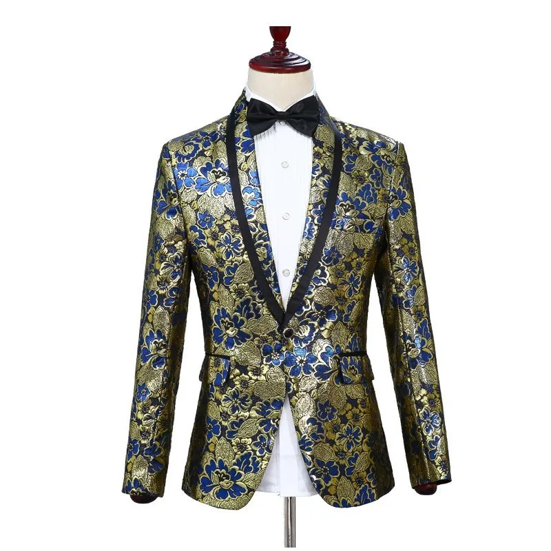 

NEW Men Floral Embroidery Show Costume Outfits Shawl Collar Slim Fit Formal Dress Suit Stage Performance Wedding MC 2 Piece Set