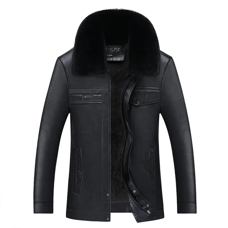 2019pu Hide Substance Warm Liner Coat MEN'S Zipper Doubled Fur Collar Leather Coat