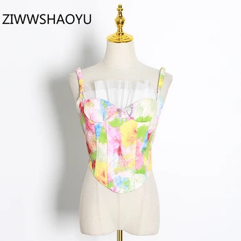 

ZIWWSHAOYU Summer Women Backless Sexy Beach Camis Tops Runway Designer Ladies Mesh Stitching Floral Print Stretchy Short Tops