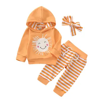 

0-18M Newborn Kid Baby Girl Boys Clothes set Long Sleeve Hooded Top Stripe Pant suit Cute Sweet Autumn Outfits Sets