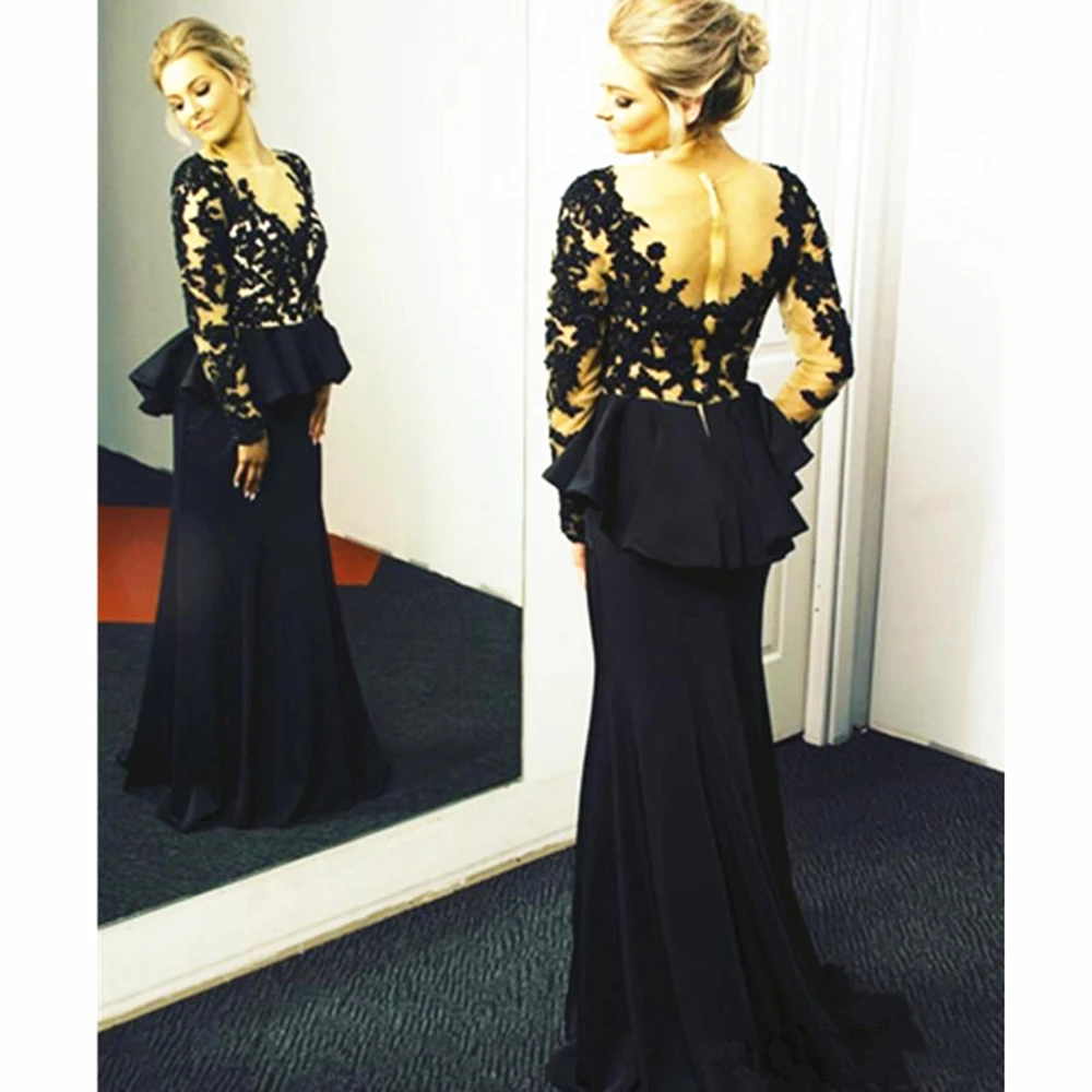 Moeder van Bruidegom voor Wedding Party Moeder van de Bruid Jurk met Overrok Black Lace Lange Mouwen Mermaid Avondjurken 2019 Moeder van Bruidegom voor Wedding Party Moeder van de Bruid Jurk met Overrok Black Lace Lange Mouwen Mermaid Avondjurken 2019