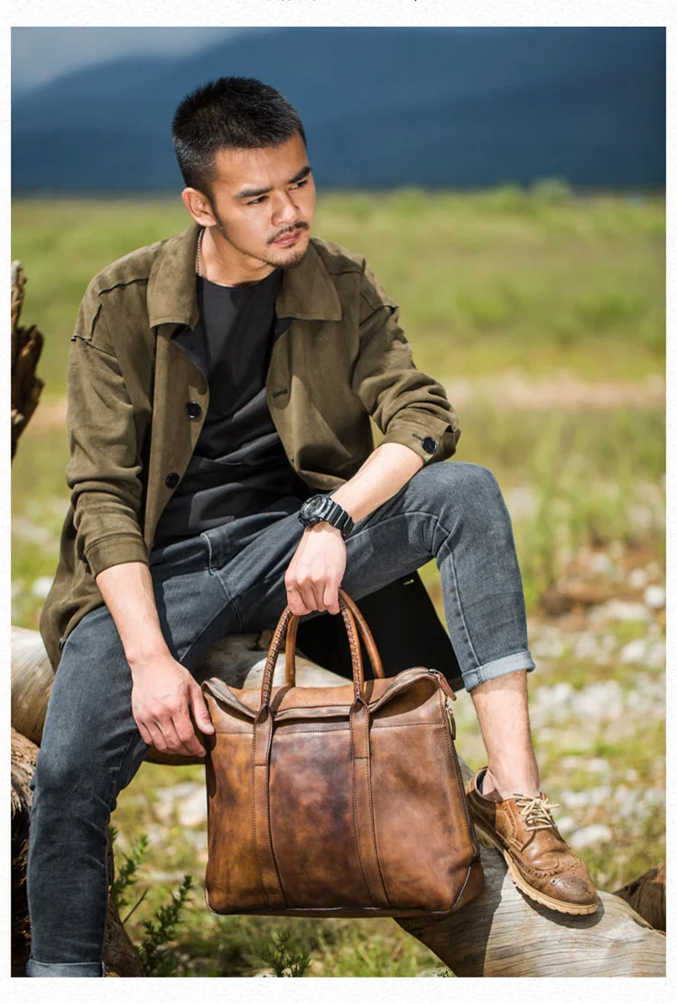 Brand Luxury Handmade Men's Briefcases Vegetable tanned Genuine Leather Laptop Bag Business Vintage Classic Male Briefcase