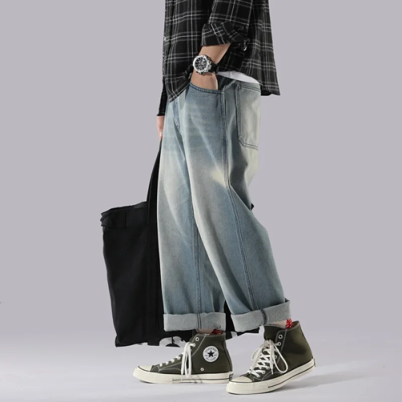 

Spring Summer INS Pants Men's Korean-style Trend Straight-Cut Jeans Men Loose-Fit Wide-Leg Solid Color Casual Capri Pants
