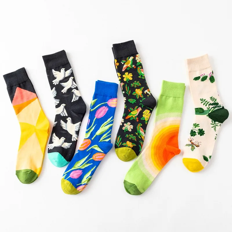 

1 Pair Hot Sales Women Socks Harajuku Creative Flower And Bird Sketch Print Cotton Socks Breathable Casual Female Funny Socks
