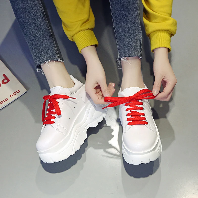 Mix Color Red Black Chunky Sneakers Women Spring Fashion High Heels Platform Shoes Woman Punk Flat with Vulcanize Shoes