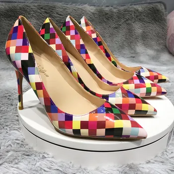 

2020 new color stitching plaid 12cm high heels shallow mouth pointed single shoes women stiletto small size women's shoes