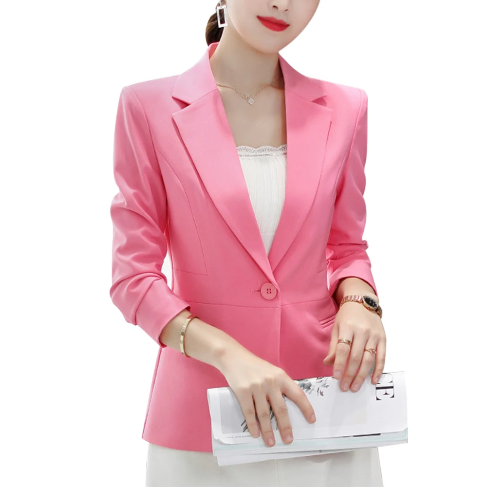 Женский блейзер, розовый, длинный рукав, однотонный пиджак на одной пуговице, тонкий женский офисный жакет, Женский Топ, костюм, Блейзер, женские куртки