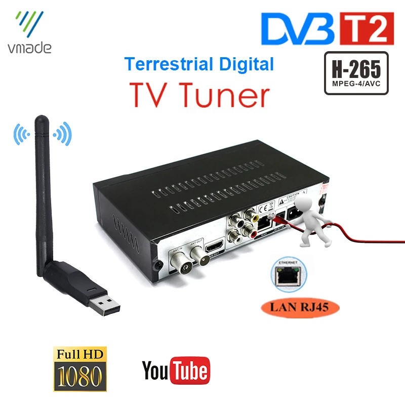 Приемник цифрового эфирного телевидения DVB T2 со встроенным RJ45 H.265/HEVC AV портом ТВ
