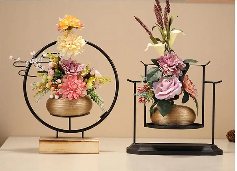 Chinese Ceramic Vase+Simulation Flower Ornaments Arrangement Home Furnishing Crafts Office Desktop Metal Figurines Decoration