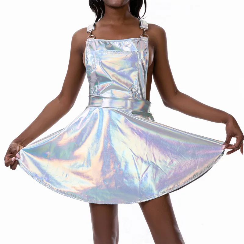 

Glitter Laser Holographic A-Line Dress Women Backless Criss Cross Buckle Strap Wet Look 2019 Fall Fashion Sexy Mini Dresses