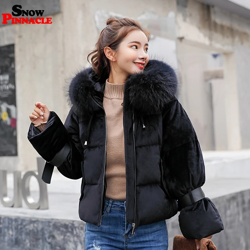 SNOW PINNACLE Autumn Winter short parkas jacket Pink flannel fabric big fur thick warm hooded jacket coat Styled fashion parka