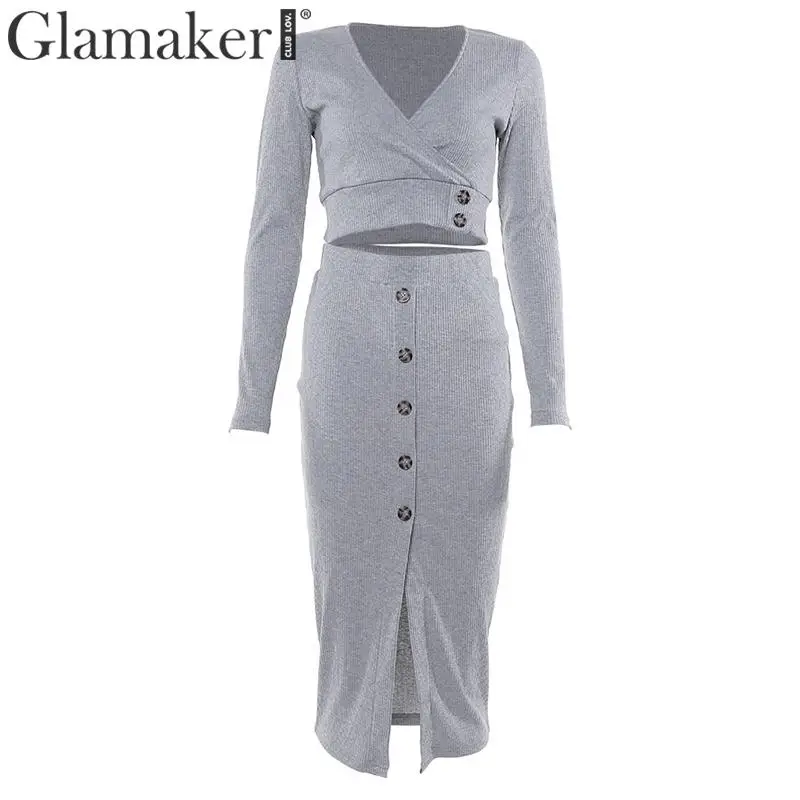Glamaker вязаный костюм из двух частей сексуальное платье зимнее женское с v-образным вырезом элегантное платье миди осенние вечерние Клубные платья с длинным рукавом облегающее платье - Цвет: Серый