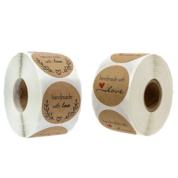 

1 Roll of 500pcs Kraft Handmade With Love Stickers Labels Permanent Adhesive