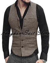 

Men's Suit Vest Tweed Brown V-neck Waistcoat Casual Slim Fit Black Satin Back Formal Business Groomman Clothing Man Wedding Wear