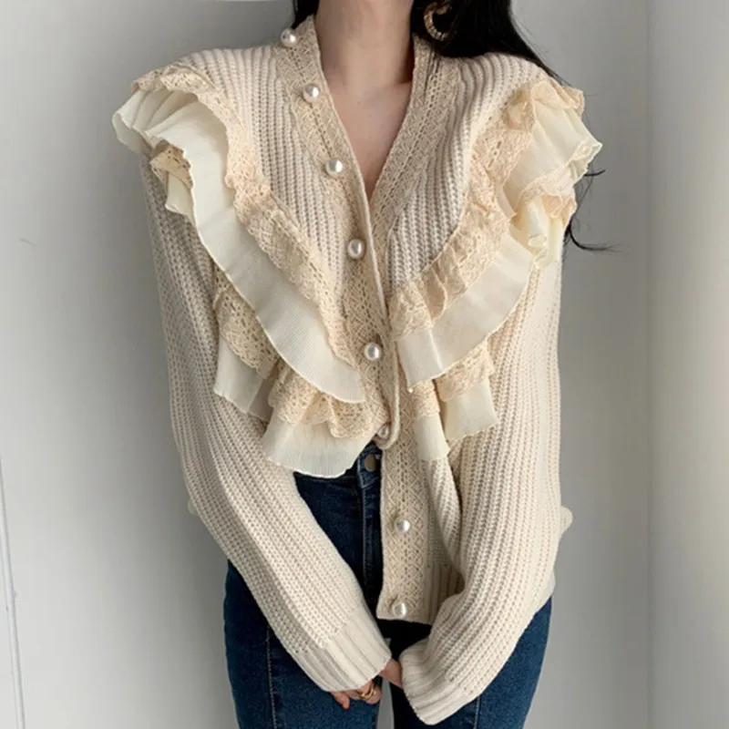 Beige Knit Sweater RICININA, свитера с оборками, кардиганы, женские топы, длинный рукав, жемчужные пуговицы, однотонный, Повседневный, вязаный свитер, женский кардиган, джемпер - Цвет: Beige Knit Sweater