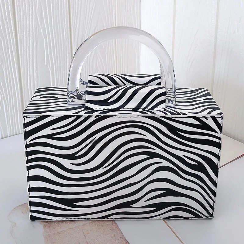 

Vintage Zebra Pattern Box Bag Women's Handbag Fashion Crocodile Pattern Purses And Handbags Design Acrylic Handle Women's Bags