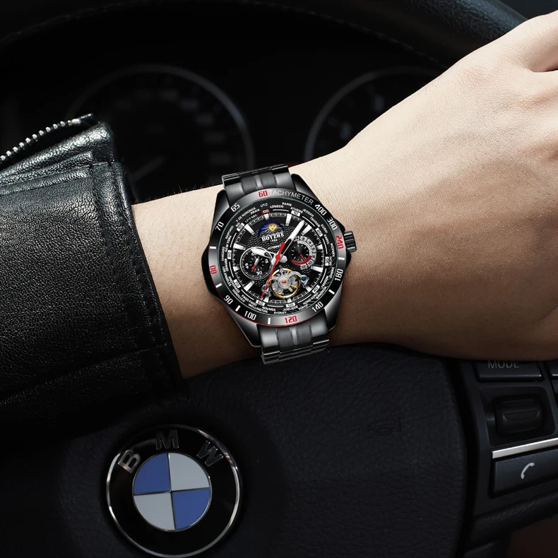 BOYZHE Mechanical Watch Men Stainless steel Waterproof Complete Calendar Military Automatic Tourbillon Watches Montre Relogio